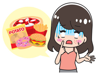 Woman who suffers from acne on the face junk food
