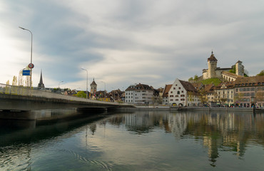 Obraz premium view of the city of Schaffhausen in northeastern Switzerland with the bridge across the Rhine