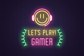 Neon composition of headline Lets Play Gamer. Art