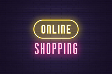 Neon composition of headline Online Shopping. Text
