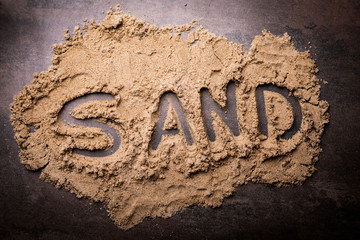 Sand. The inscription on the yellow beach sand
