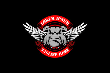 bulldog head cartoon with wing and ribbon  vector emblem logo template