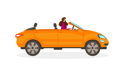 Girl in Red Dress Driving Orange Convertible Car.