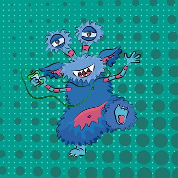 funny monster dancing on a green background pop art