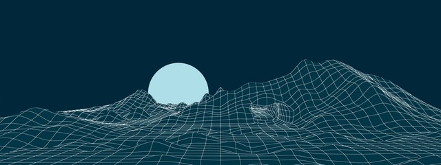 Neon mountain landscape with moon image illustration