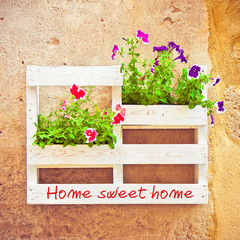 Fototapeta na wymiar Flowers wooden boxes hanging on the wall - Home sweet home concept image