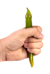 green chilli peppers in male hand. on a white background