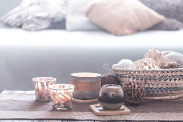still life home cozy interior decor with candles . Living room decoration.