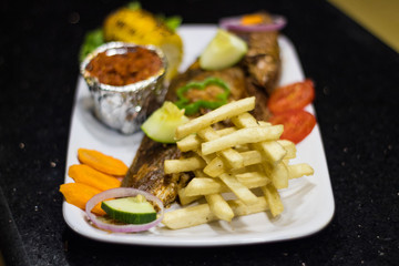 Yam fries and grilled fish