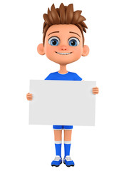 Cartoon character boy in sportswear holding blank board. 3d render illustration.