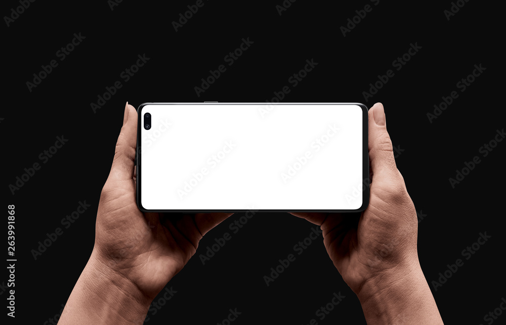 Poster modern smart phone mockup in horizontal position. lov light scene of smart phone in woman hands. con
