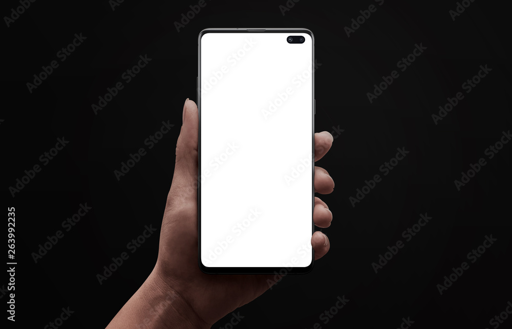 Aufkleber Phone mockup. Low light scene of modern smart phone with round edges and under display camera in woman hand. Isoalted, blank, white screen for app design promotion.