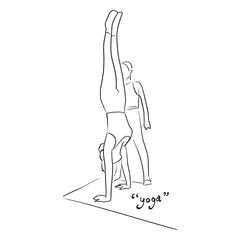 fitness woman doing yoga by her instructor on mat vector illustration with black lines isolated on white background.