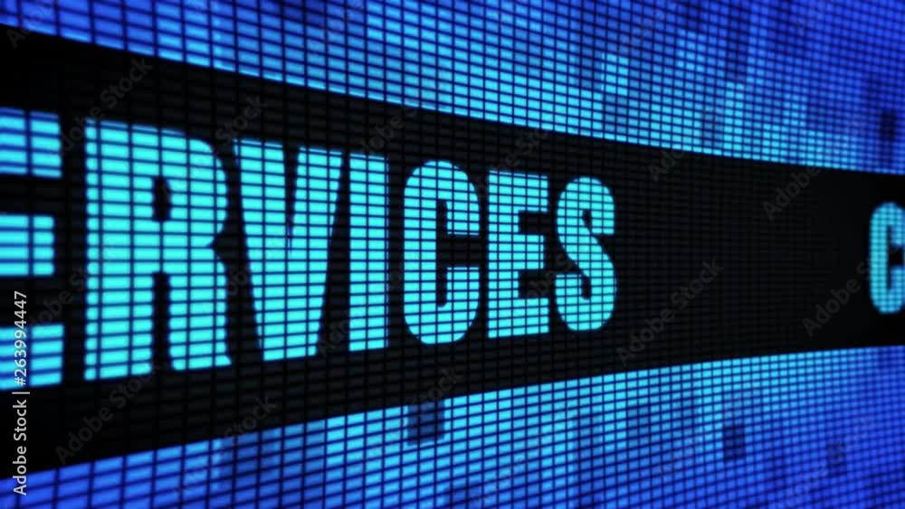 Poster customer services side text scrolling on light blue digital led display board pixel light screen loo