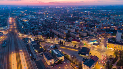 Naklejka na ściany i meble City of Tarnow in Poland, aerial view at twilight