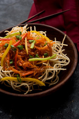 American chop suey/ chopsuey is a popular indochinese food. served in a bowl with chop sticks. selective focus