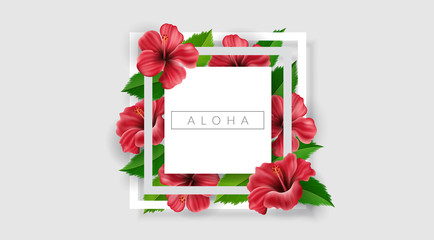 Geometrical white frame with pink tropical hibiscus flowers and green leaf. Vector illustration for exotic summer design template or tropical flower background