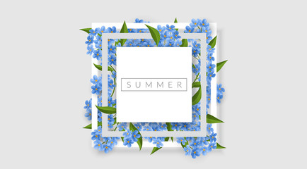 Geometrical white frame with blue forget me not flowers and green leaf. Vector illustration with small flowers, nature design for spring and summer design template or wedding