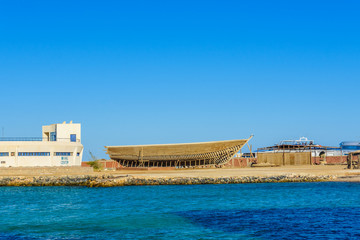 Construction of the modern yacht on shipyard