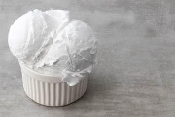 plate of vanilla ice cream scoops with copy space