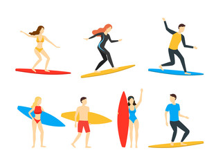 Cartoon Different Characters People Surfers Set. Vector