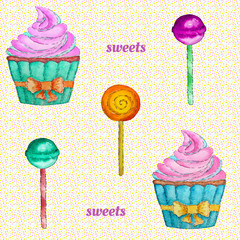 Sweets seamless pattern with cupcake, lollipop and chupa chups.