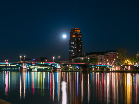 Frankfurt skyline in the night and bridge