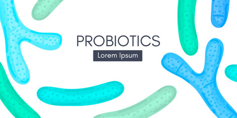 Probiotics. Lactic acid bacterium. Bifidobacterium, lactobacillus. Microbiome. Microbiota. Cute characters. Medicine or dietary supplements for gastrointestinal health. Label, banner, header. Vector