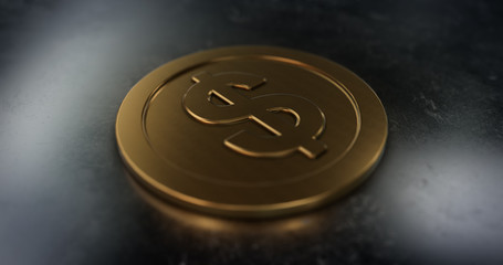 Macro shot of gold coin with dollar sign. Symbol about finance and money. 3D illustration.