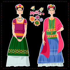 Two Mexican girls in costumes Frida Kahlo style.