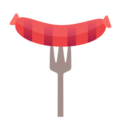 BBQ grilled sausage on fork flat hand drawn vector color icon