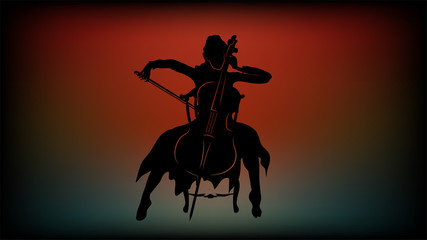 Silhouette of a girl who plays the cello sitting on a chair .Beautiful illustration for the background, the creation of installations, invitation flyers, business cards and other promotional products.