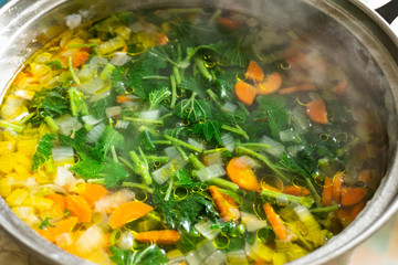 Vegetable soup with fresh nettles. Vegetarian food