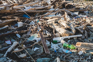 Ecological concept. Ecology problems of the planet Earth. Rubbish in places of rest by the sea. Plastic bottles among green grass and flowers.