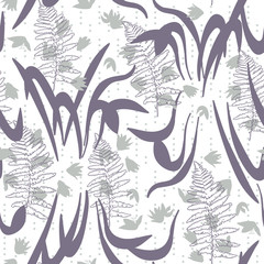 Vector floral seamless pattern with hand drawn scilla or snowdrop flowers and fern leaves. Modern decorative background in pastel colors.