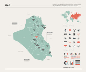 Vector map of Iraq.  High detailed country map with division, cities and capital Baghdad. Political map,  world map, infographic elements.