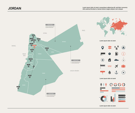 Vector map of Jordan.  High detailed country map with division, cities and capital Amman. Political map,  world map, infographic elements.
