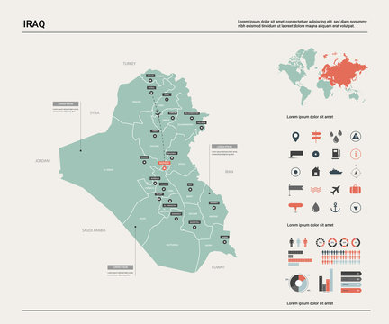 Vector map of Iraq.  High detailed country map with division, cities and capital Baghdad. Political map,  world map, infographic elements.