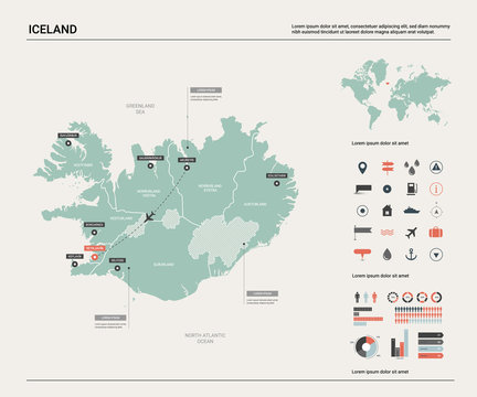Vector map of Iceland. High detailed country map with division, cities and capital Reykjavik. Political map,  world map, infographic elements.