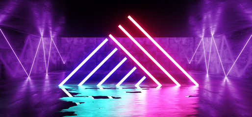 Triangle Fluorescent Retro Sci Fi Futuristic Neon Glowing Purple Pink Blue Cyber Luminous Vibrant Lights In Dark Empty Stage Show Underground Garage Hall Tunnel Corridor Grunge Concrete 3D Rendering