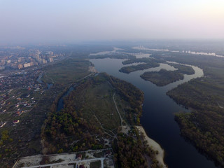 Aerial view of the Saburb landscape / Dnepr river (drone image).  Near Kiev,Ukraine