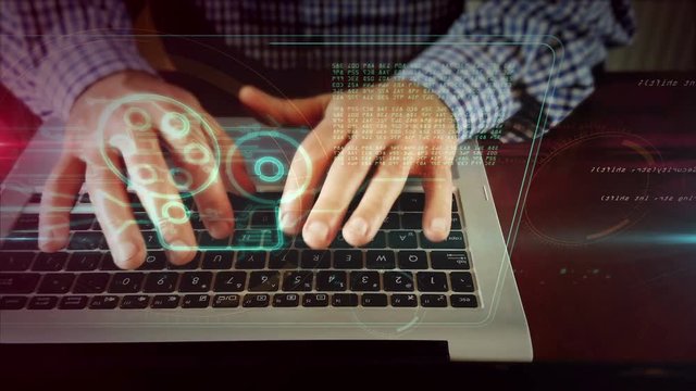 Screenplay writing with retro movie projector hologram on typing hands in background. TV broadcasting, streaming transmission, internet player and private cinema abstract 3D concept animation.