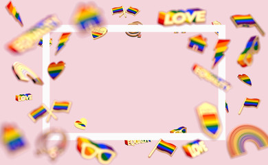 Floating various objects connected with gay pride on pastel pink background and copy space inside the rectangular white frame. 3D rendering