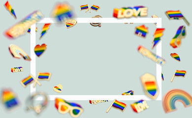 Floating various objects connected with gay pride on pastel green background and copy space inside the rectangular white frame. 3D rendering
