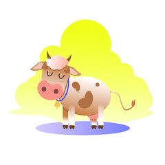 Vector illustration. Cartoon cute brown cow with a bell. White background. 