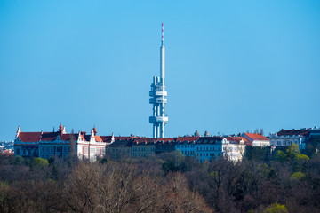 Obraz premium Radio broadcast tower communication antenna. Panoramic view landscape