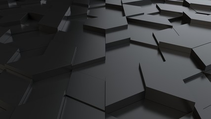 black abstract background with techie hexagons and triangles, 3D rendering, 3d illustration