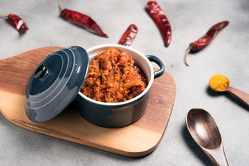 Hot Indian Pickle in Ceramic Bowl