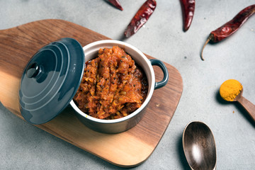 Hot Indian Pickle in Ceramic Bowl