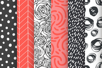 Abstract hand drawn geometric simple minimalistic seamless patterns set. Polka dot, stripes, waves, random symbols textures. Vector illustration